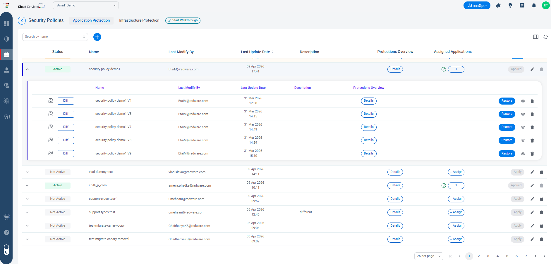 Image 2: Security Policy template showing the last five versions