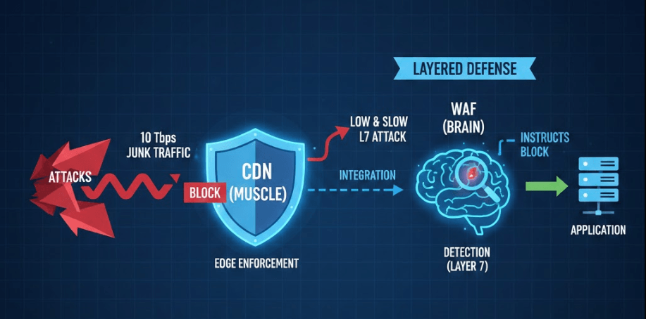 Diagram showing a CDN and Radware WAAP working together to provide layered Layer 7 DDoS defense