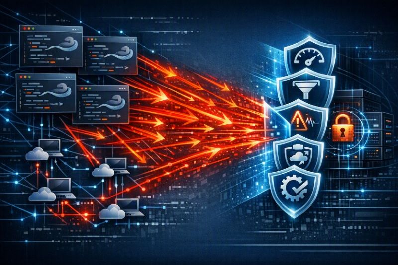 Illustration of Python-scripted DDoS attack traffic flowing toward layered security shield defenses