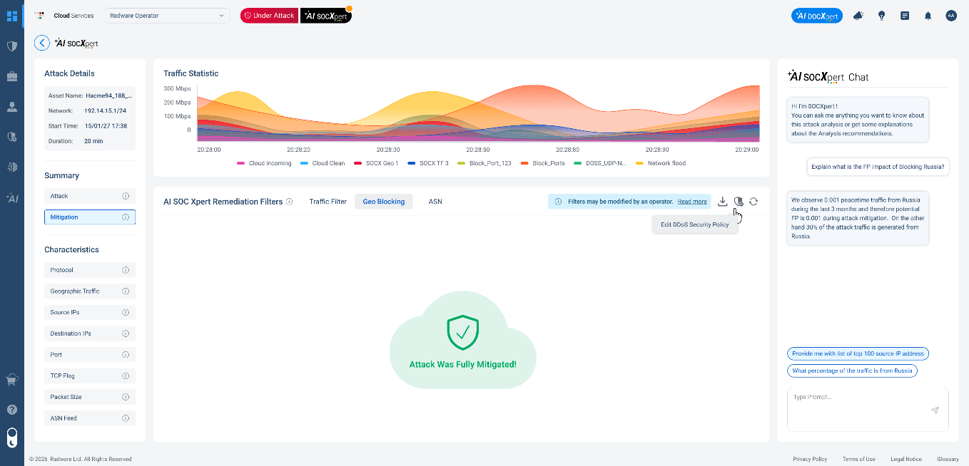 AI SOCXpert screen showing an attack fully mitigated with a green shield indicator