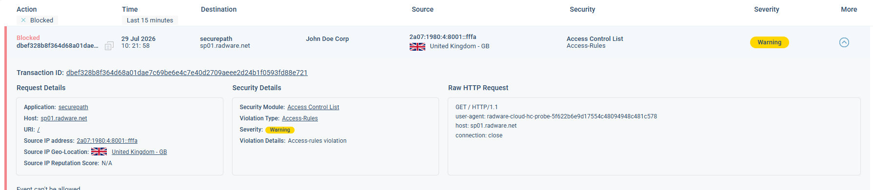 Security Events screen showing application protection events with severity indicators
