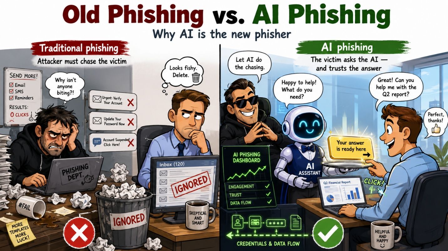 Comparison of traditional phishing versus AI-mediated phishing, showing the attacker letting the AI assistant do the chasing
