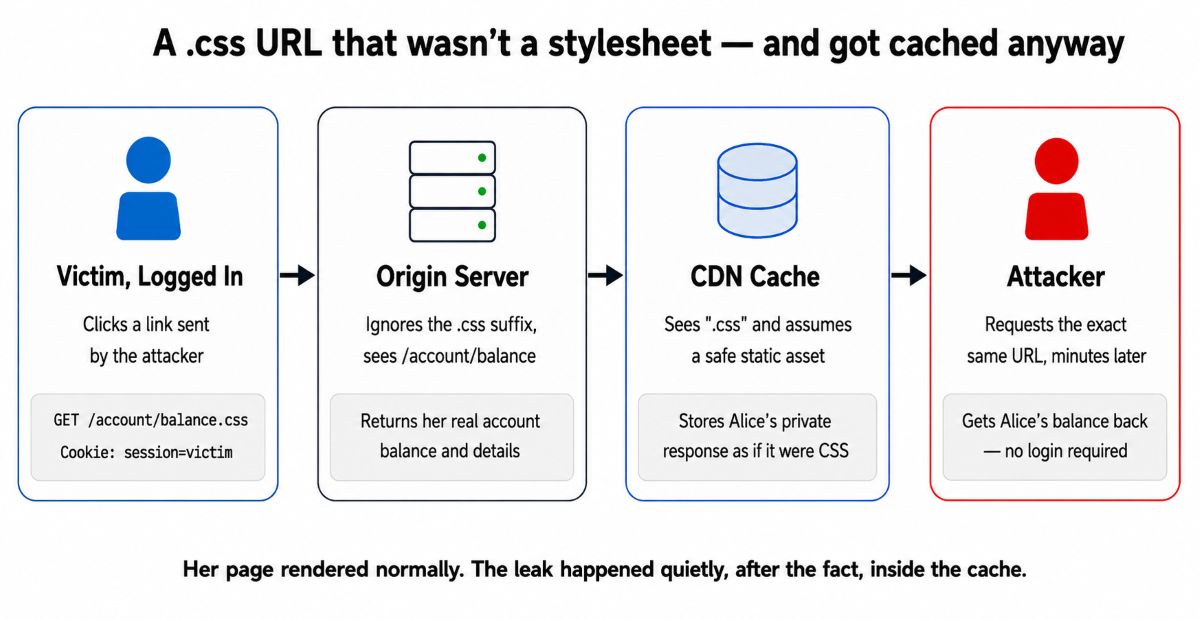 Four-step diagram showing how a .css URL tricks the CDN into caching a victim's private account data, which the attacker then retrieves without logging in