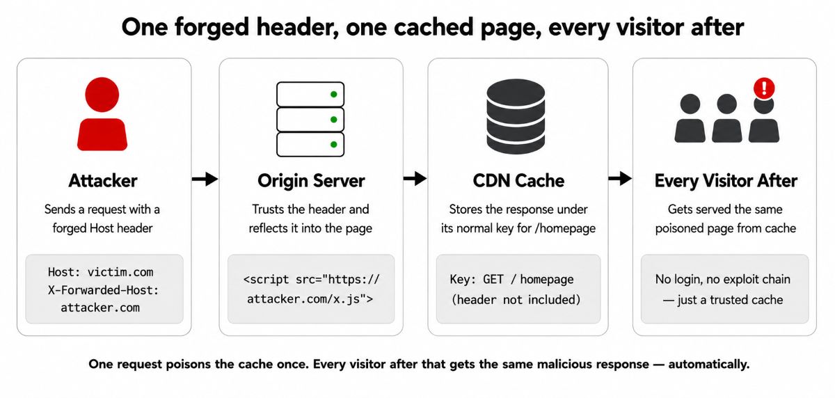 Four-step diagram showing how one forged X-Forwarded-Host header gets reflected by the origin, cached by the CDN, and then served to every visitor as a poisoned page