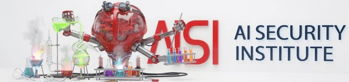 AI Security Institute banner showing a robotic brain surrounded by laboratory beakers, representing the AISI cyber capability experiment