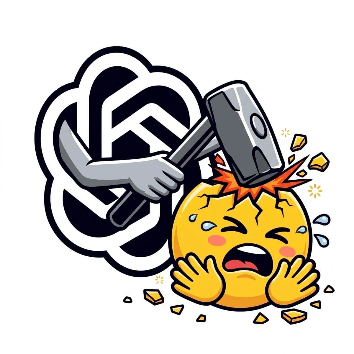 Illustration of an OpenAI hand smashing a Hugging Face emoji with a hammer, representing the OpenAI agents' attack on Hugging Face systems