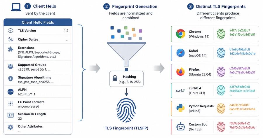 Diagram showing how a Client Hello message is normalized and hashed into a TLS fingerprint, with distinct fingerprints for Chrome, Safari, Firefox, curl, Python Requests and a custom bot