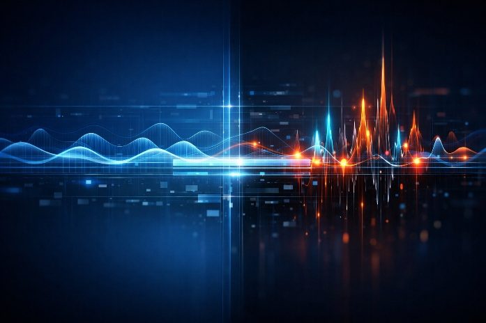 Abstract blue and orange waveform visualizing encrypted traffic signals