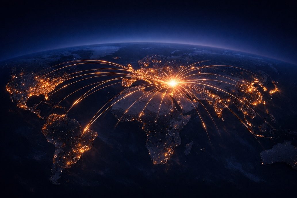Night view of Earth with glowing lines of traffic converging across continents