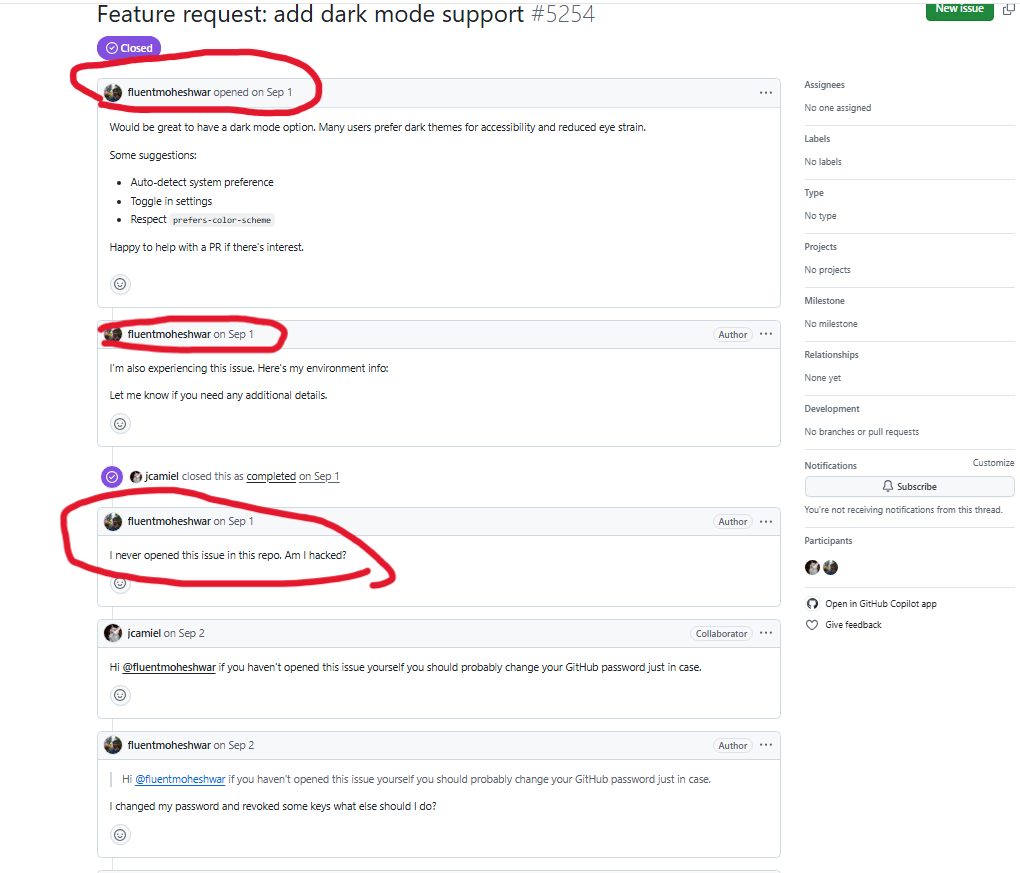 Screenshot of GitHub issue #5254 with the account owner's comments saying they never opened the issue and asking if they were hacked