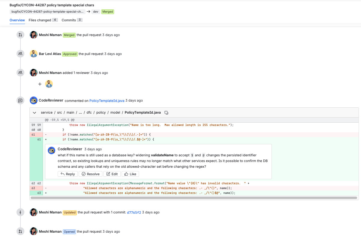 Bitbucket pull request where an AI code reviewer leaves a review comment with a file and line reference next to the human review activity