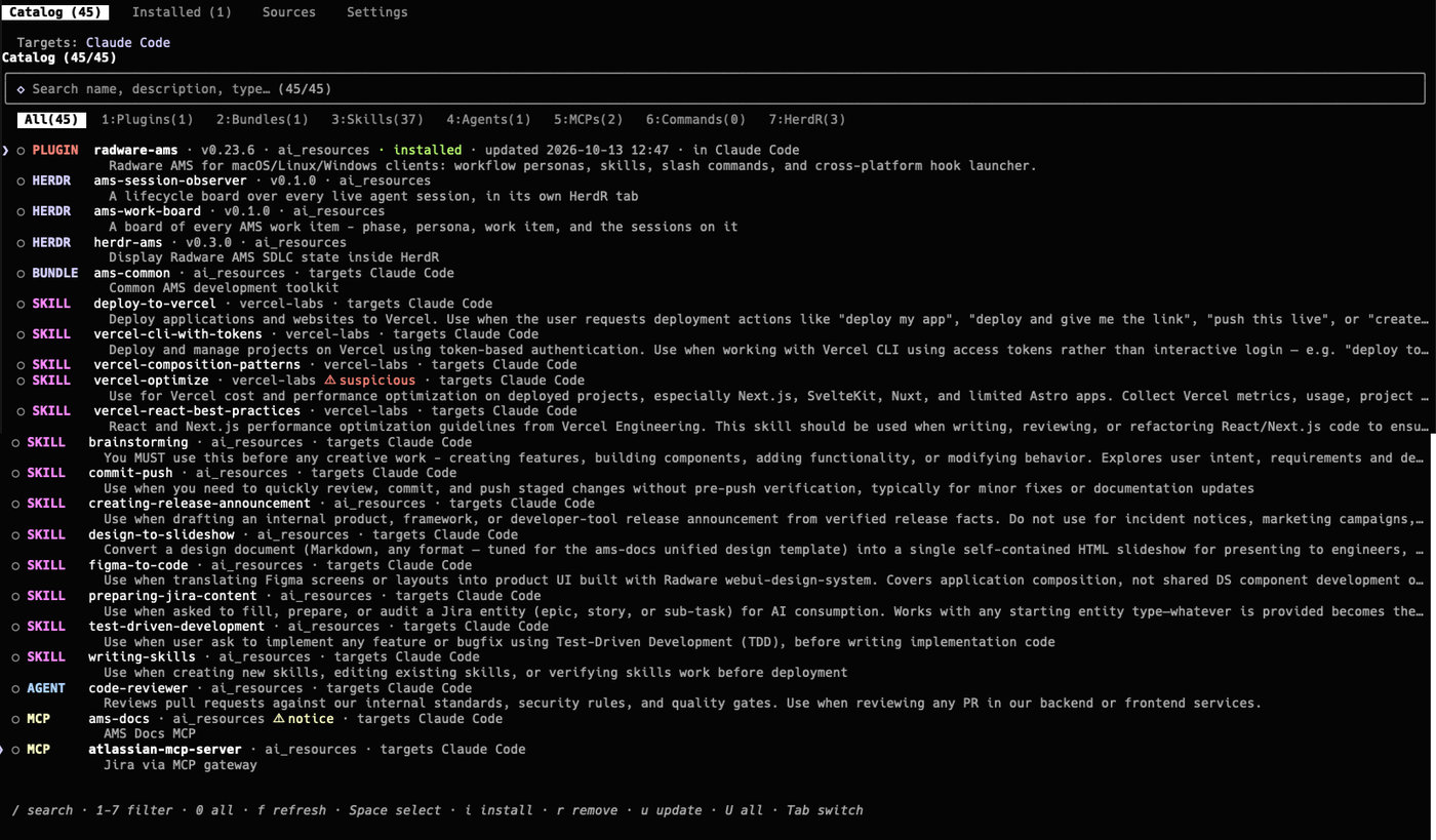 The toolkit terminal catalog listing plugins, skills, agents, MCPs and HerdR items available to install